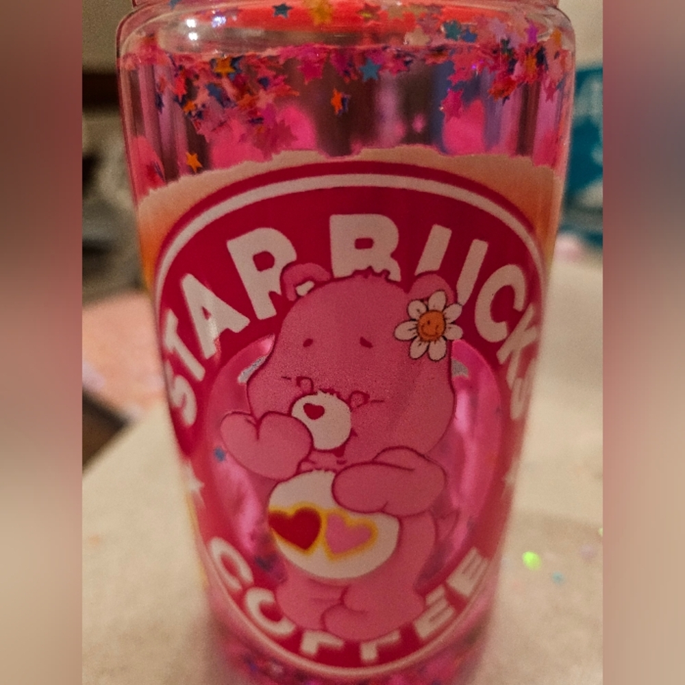 Starbucks Pink Care Bears Heart Logo Tumbler with Star Confetti